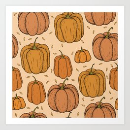 Autumn seamless pattern with different pumpkins and seeds on beige background Art Print