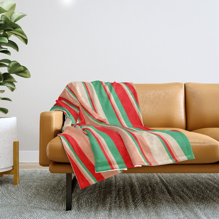 Red, Sea Green, Bisque & Light Salmon Colored Lines/Stripes Pattern Throw Blanket