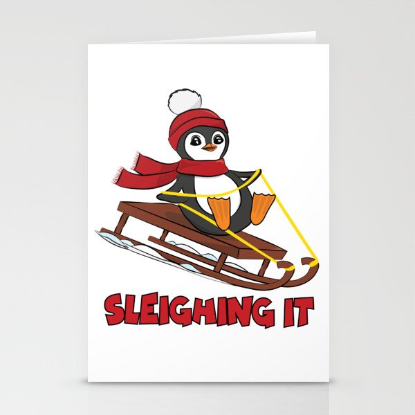 Sleighing It - Snow Sledding Penguin Cute Animals Winter Stationery Cards