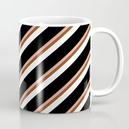 [ Thumbnail: Eye-catching Goldenrod, Plum, Brown, White & Black Colored Stripes Pattern Coffee Mug ]