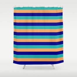 [ Thumbnail: Dark Blue, Light Sea Green & Brown Colored Lines/Stripes Pattern Shower Curtain ]