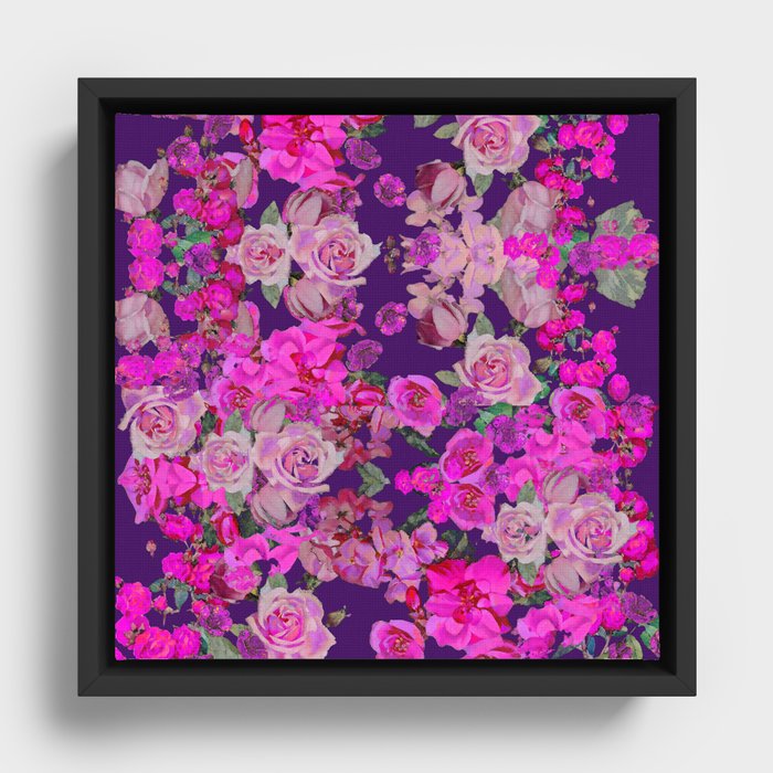 Eggplant and Hot Pink Vintage Inspired Floral Print Framed Canvas