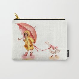 Rainy Day - Girl in a Yellow Rain Coat with Read Umbrella and with a Goose Carry-All Pouch