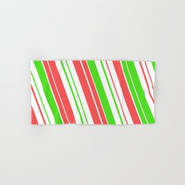 [ Thumbnail: Festive, Fun Christmas-Themed Red, White, and Green Colored Striped/Lined Pattern Hand & Bath Towel ]