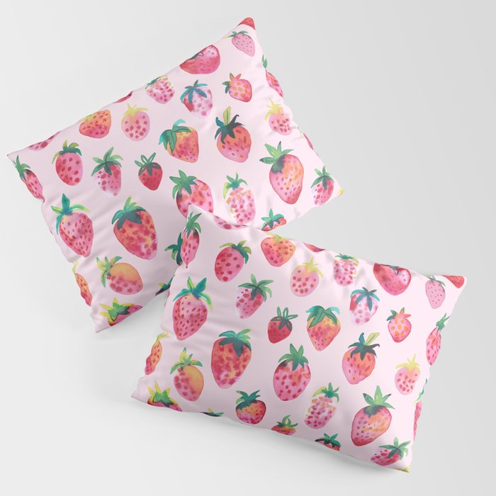 Strawberries Watercolor fruits pattern Cotton candy Pink Pillow Sham