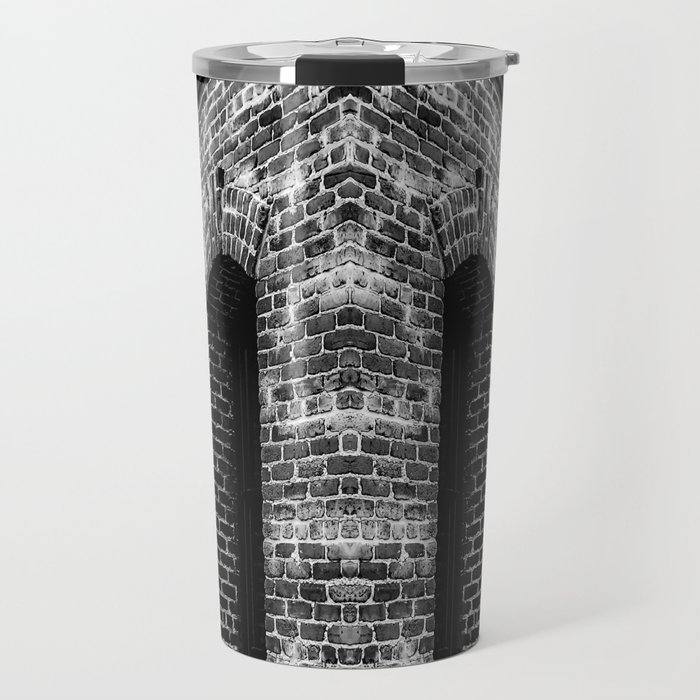 old brick building with windows in black and white Travel Mug