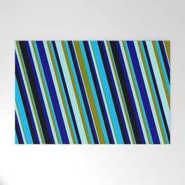 [ Thumbnail: Eyecatching Deep Sky Blue, Green, Turquoise, Dark Blue, and Black Colored Pattern of Stripes Welcome Mat ]