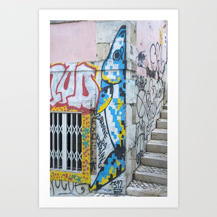 Graffiti of sardine in Alfama, Lisbon, Portugal - streetart street and travel photography Art Print