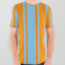 [ Thumbnail: Dark Orange and Light Sky Blue Colored Striped/Lined Pattern All Over Graphic Tee ]