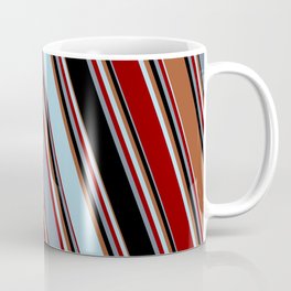 [ Thumbnail: Sienna, Light Blue, Dark Red, Light Slate Gray, and Black Colored Pattern of Stripes Coffee Mug ]