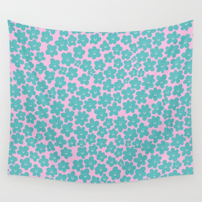 Tiny Baby Flowers - teal Wall Tapestry