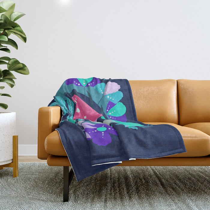 turquoise and pink mushrooms and flowers Throw Blanket