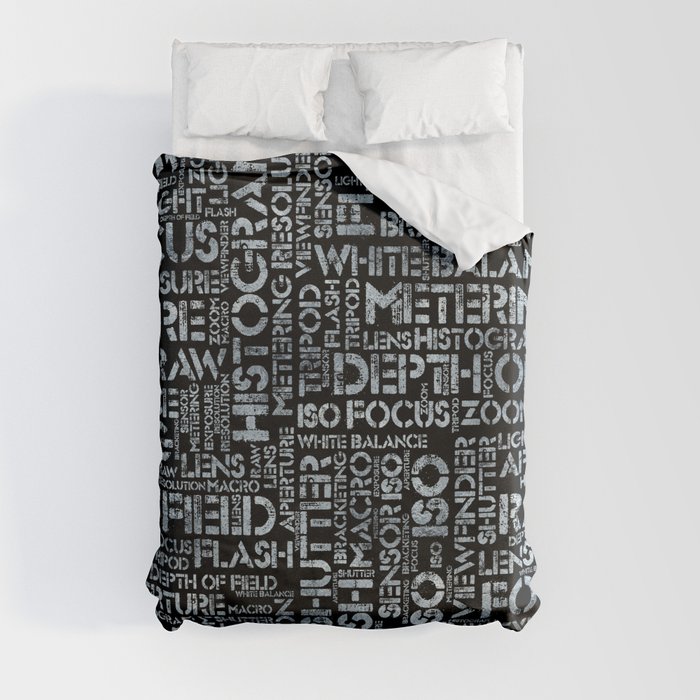 Photography Terms Word Pattern Glass on Black Duvet Cover
