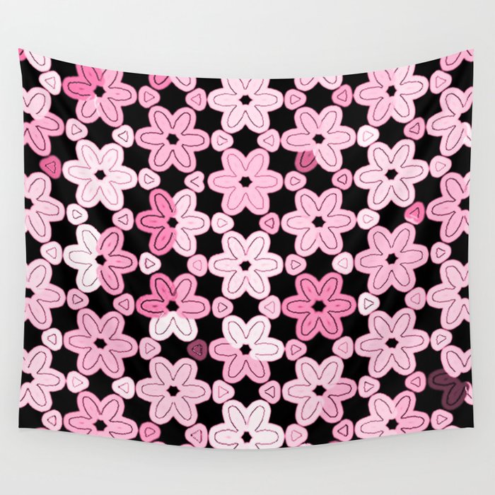 Multicolor Modern Pink Daisies on Black Wall Tapestry