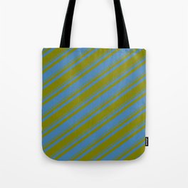 [ Thumbnail: Blue and Green Colored Striped Pattern Tote Bag ]