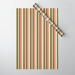 [ Thumbnail: Dark Olive Green, Light Coral, and Pale Goldenrod Colored Lined/Striped Pattern Wrapping Paper ]