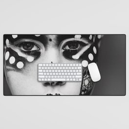 Black and White Closeup of Woman with Polkadot Facepaint Desk Mat