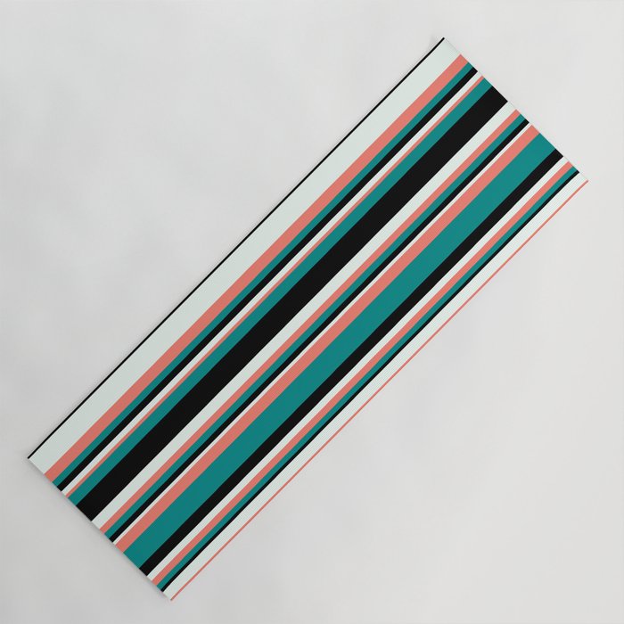 Mint Cream, Salmon, Dark Cyan & Black Colored Lined/Striped Pattern Yoga Mat