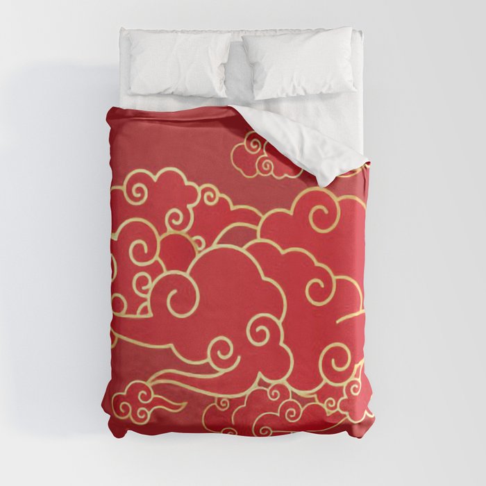 Red Clouds Oriental Asian Traditional Pattern Duvet Cover