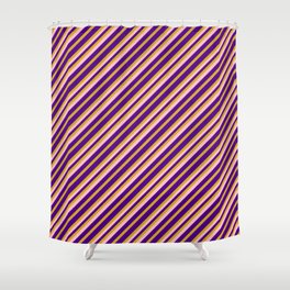 [ Thumbnail: Indigo, Goldenrod & Pink Colored Pattern of Stripes Shower Curtain ]
