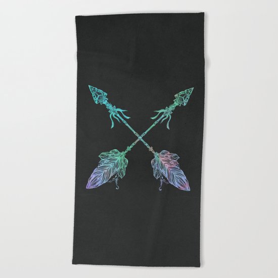 Tribals Arrows Turquoise on Gray Black Beach Towel