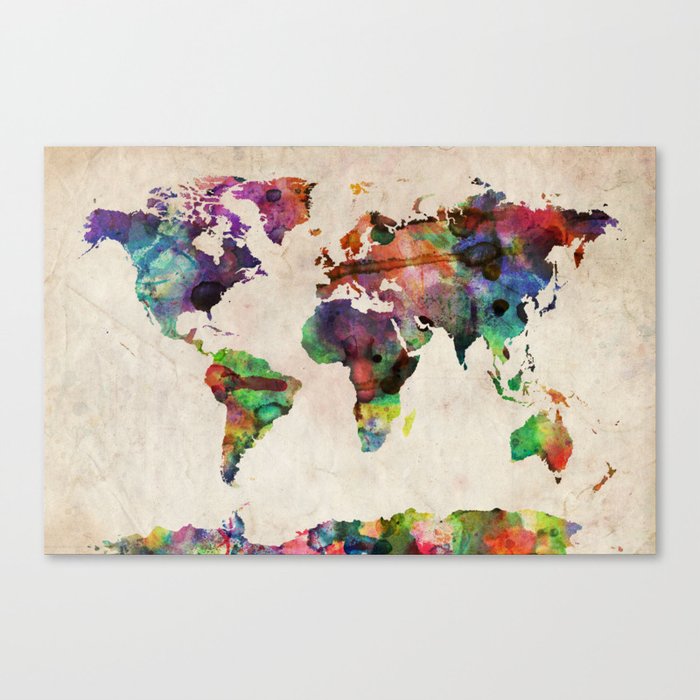 World Map Urban Watercolor Canvas Print