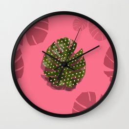 "Moss green leaf and pink flamenco polka dots" Wall Clock | Cicles, Graphicdesign, Nature, Plant, Lunar, Strawberry, Simplicity, Marmarina, Bubblegumpink, Pattern 
