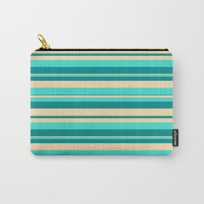 Dark Cyan, Tan & Turquoise Colored Pattern of Stripes Carry-All Pouch