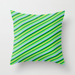 [ Thumbnail: Dark Green, Green, Yellow & Light Sky Blue Colored Lined Pattern Throw Pillow ]