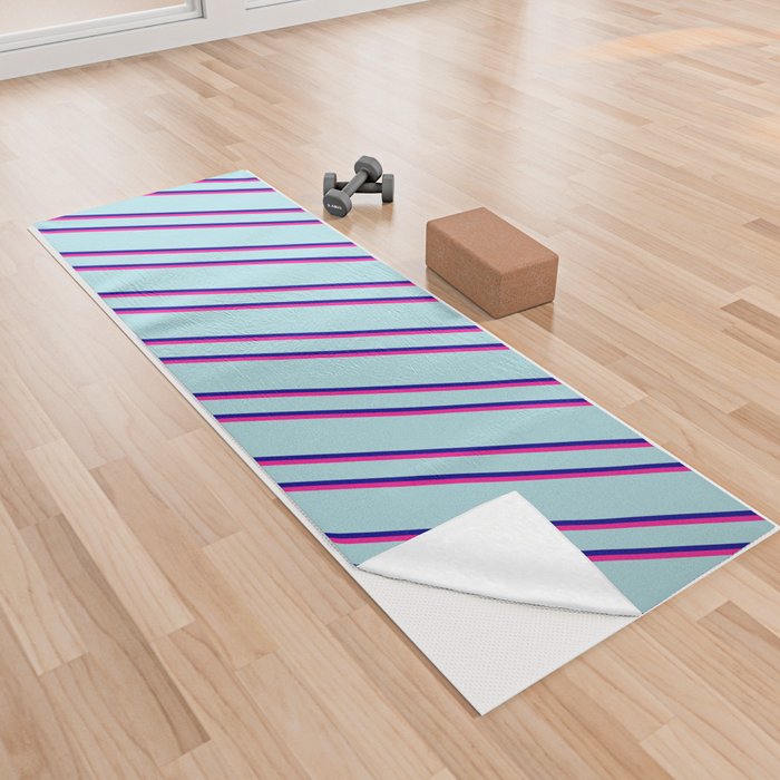 Powder Blue, Dark Blue, and Deep Pink Colored Stripes/Lines Pattern Yoga Towel