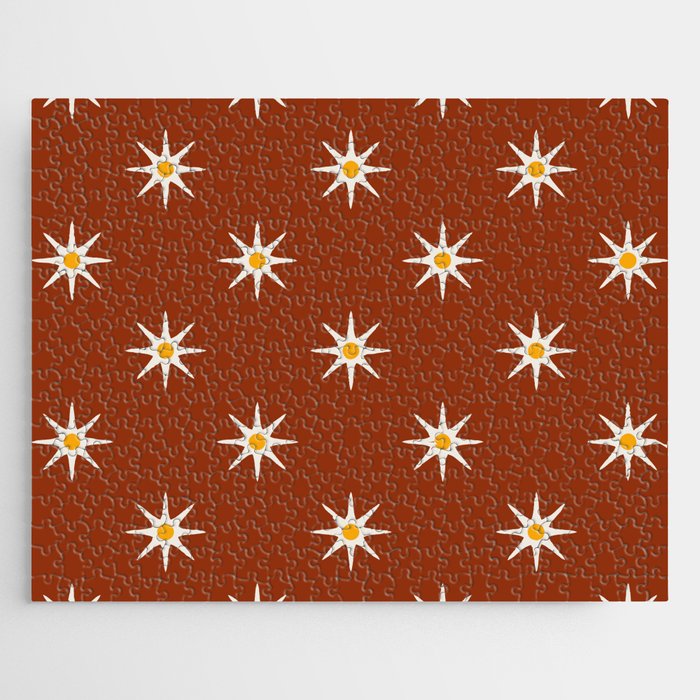 Atomic mid century retro star flower pattern in burnt orange background Jigsaw Puzzle