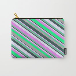 [ Thumbnail: Eyecatching Dark Gray, Dark Slate Gray, Lavender, Violet, and Green Colored Striped Pattern Carry-All Pouch ]