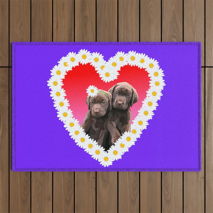 Chocolate Lab Puppies Flower Daisy Heart Outdoor Rug