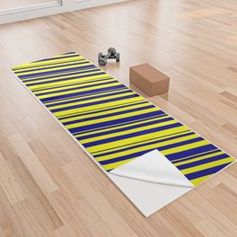 [ Thumbnail: Yellow and Dark Blue Colored Striped Pattern Yoga Towel ]