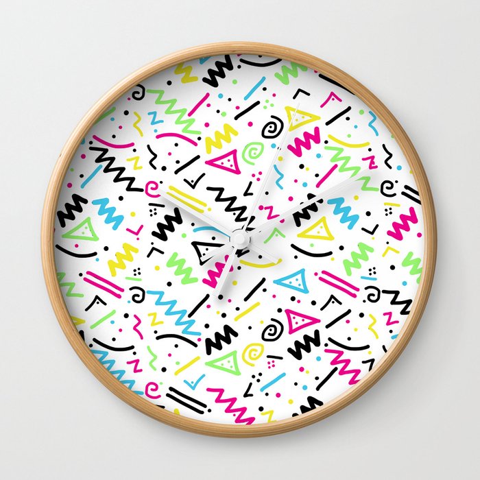 Retro 80 S 90 Neon Pink Green Blue Yellow Doodle Wall Clock By Retro 80 S 90 Neon Pink Green Blue Yellow Doodle Wall Clock