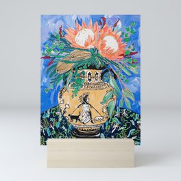 Cat Walk: Protea and Banksia Bouquet Floral Still Life with Greek Urn featuring Woman Walking Cats Mini Art Print