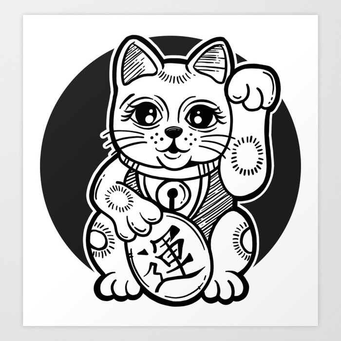 Black And White Hand Illustrated Japanese Maneki Neko Cat Figurine Art Print By Romz Society6