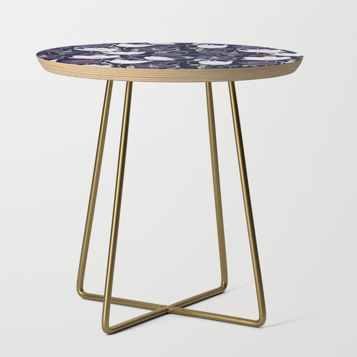Purple and White Tulip Floral Prints on Navy Blue Side Table