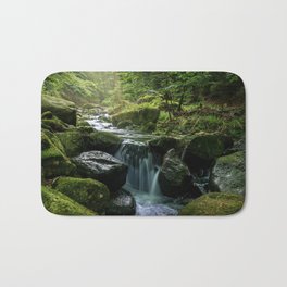 Flowing Creek, Green Mossy Rocks, Forest Nature Photography Bath Mat