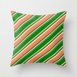 [ Thumbnail: Beige, Coral, Sea Green, and Green Colored Pattern of Stripes Throw Pillow ]