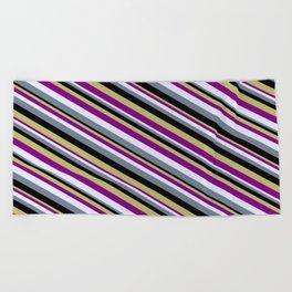 [ Thumbnail: Eye-catching Dark Khaki, Purple, Lavender, Slate Gray, and Black Colored Lined/Striped Pattern Beach Towel ]
