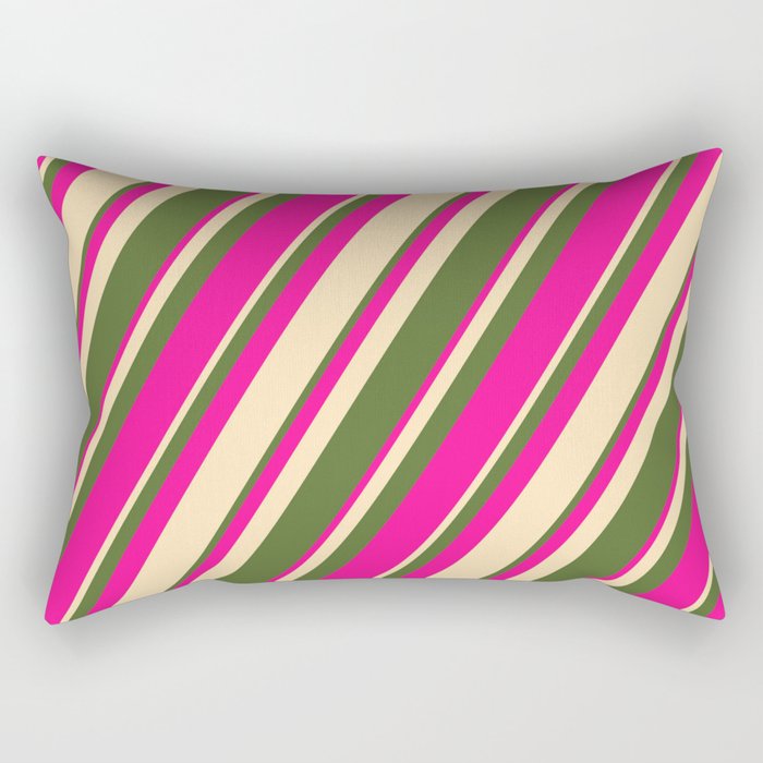 Dark Olive Green, Deep Pink, and Beige Colored Stripes/Lines Pattern Rectangular Pillow