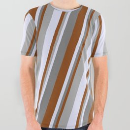 [ Thumbnail: Brown, Dark Gray, Lavender & Grey Colored Stripes Pattern All Over Graphic Tee ]