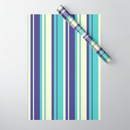 [ Thumbnail: Dark Slate Blue, Turquoise & Light Yellow Colored Striped/Lined Pattern Wrapping Paper ]