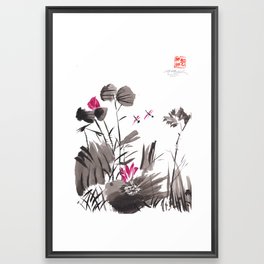 lotus flower, lily pad, dragonfly, grass Framed Art Print