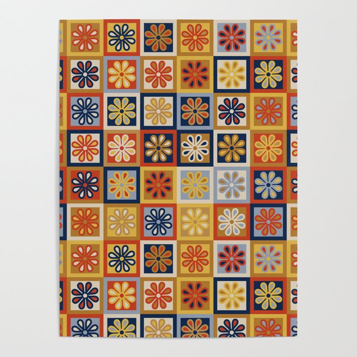 Retro Colorful Flower Checkerboard Poster