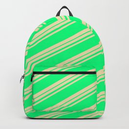 [ Thumbnail: Tan & Green Colored Striped Pattern Backpack ]