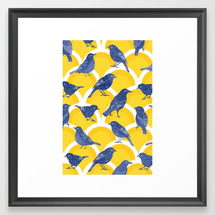 2206 schindel birds yellow blue Framed Art Print