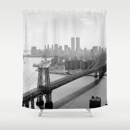 Williamsburg Bridge, East River at South Sixth St. & Twin Towers, New York City skyline photograph Shower Curtain