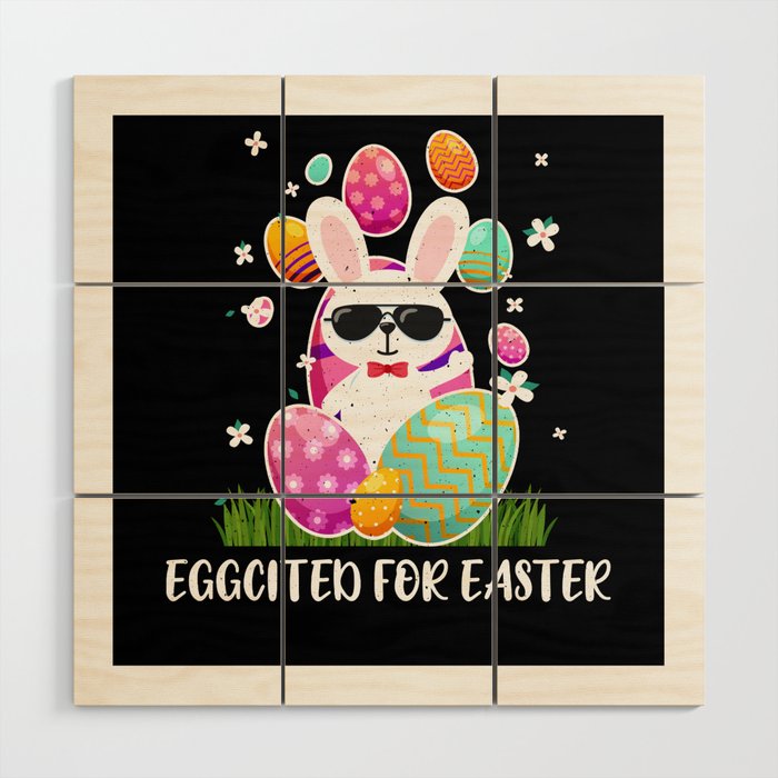 Excited Egg Kawaii Cute Bunny Egg Easter Sunday Wood Wall Art